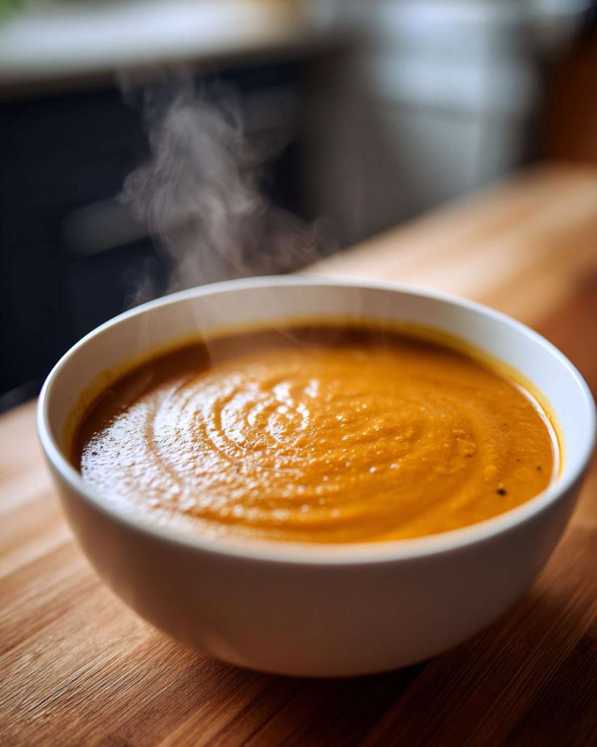 A close-up of a steaming white bowl filled with vibrant orange Creamy Coconut Lentil Soup sitting on a wooden surface.