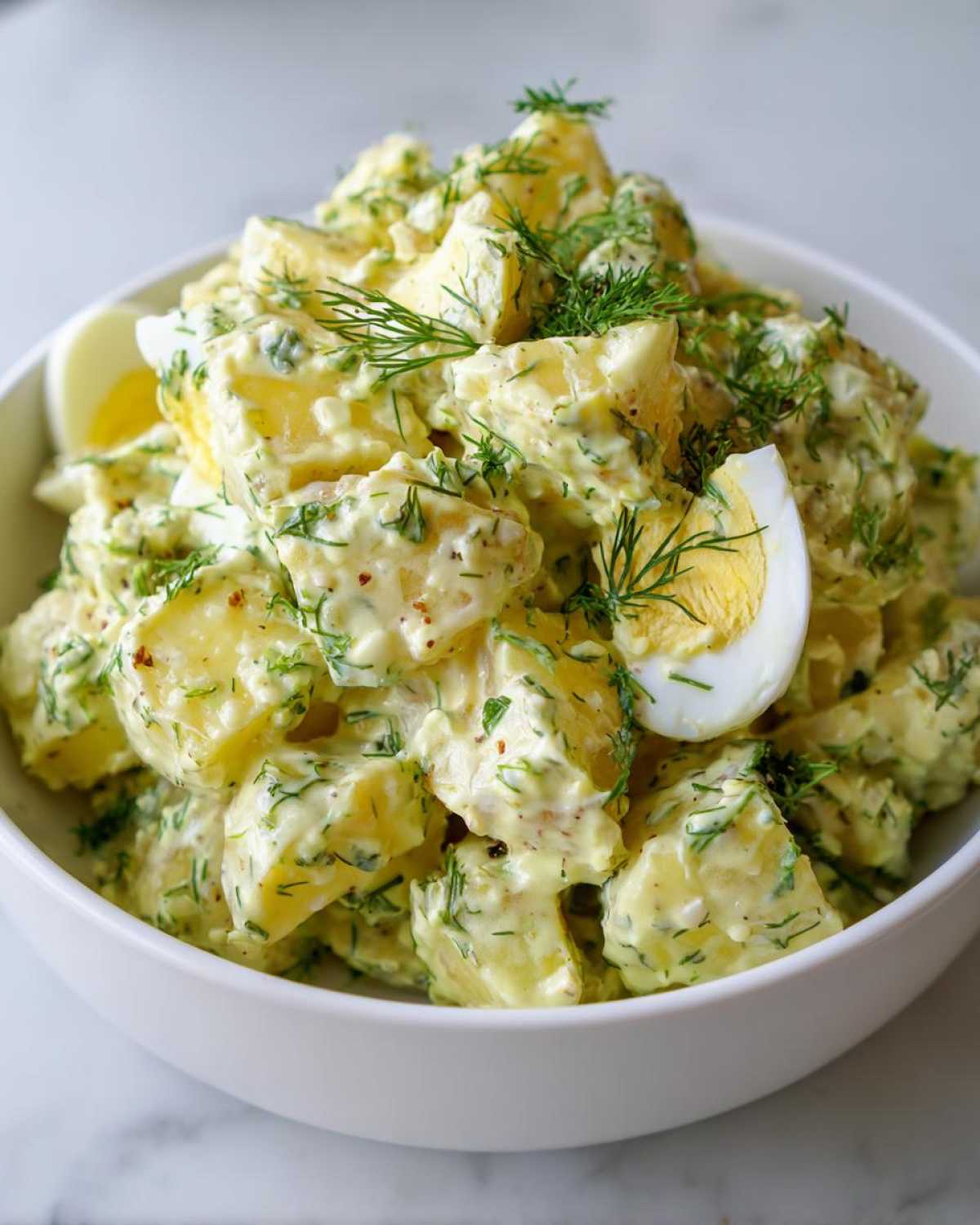 A close-up of a white bowl filled with Creamy Dill Potato Salad, garnished with fresh dill and sliced hard-boiled eggs.