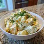 A close-up of a white bowl filled with Creamy Dill Potato Salad, showing chunks of potato coated in a creamy dressing and topped generously with fresh dill.