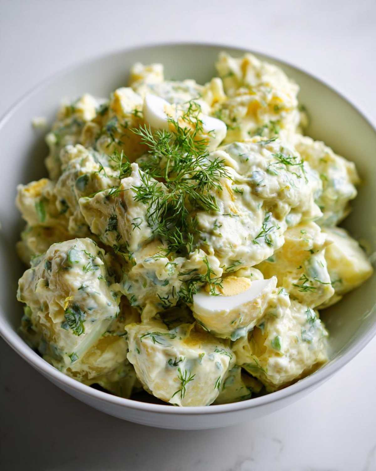 A close-up of a white bowl filled with Creamy Dill Potato Salad, garnished with fresh dill and sliced hard-boiled eggs.