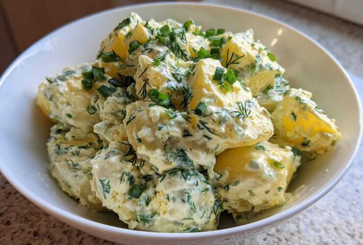 A close-up of chunks of boiled potato coated in a creamy dressing, heavily mixed with fresh dill and chives, served in a white bowl. This is the Creamy Dill Potato Salad.