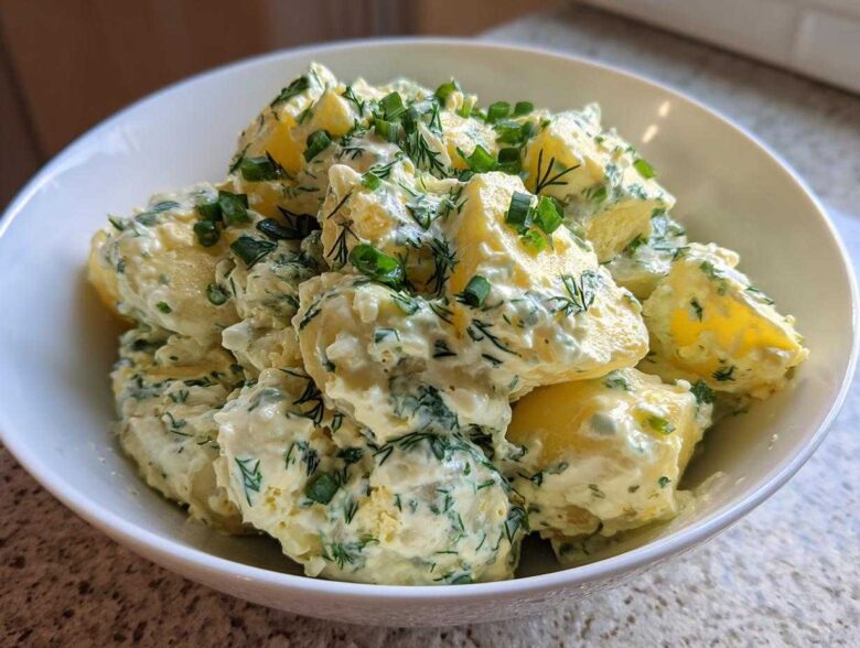 A close-up of chunks of boiled potato coated in a creamy dressing, heavily mixed with fresh dill and chives, served in a white bowl. This is the Creamy Dill Potato Salad.