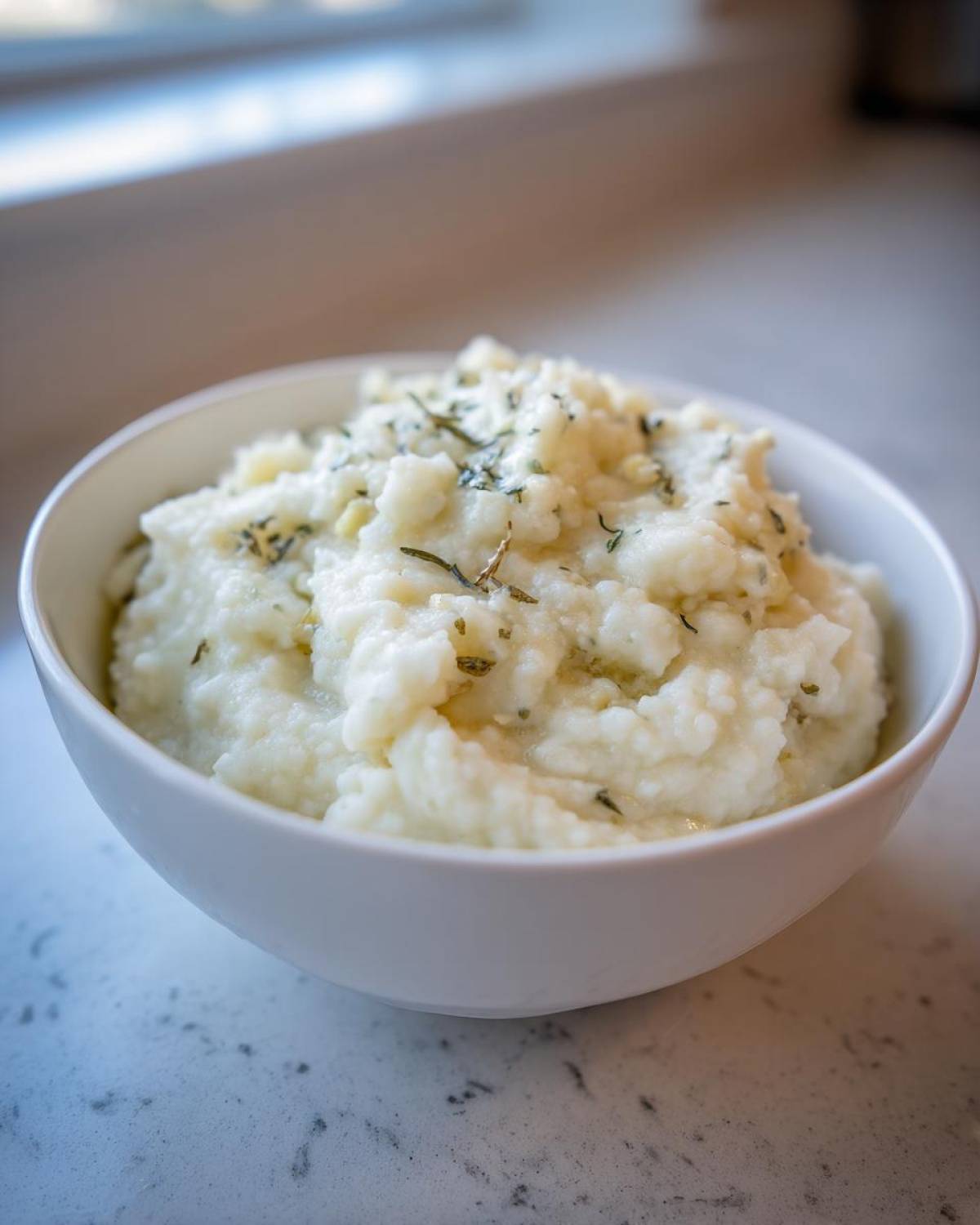 A white bowl filled with fluffy Creamy Garlic Mashed Cauliflower, topped with herbs.