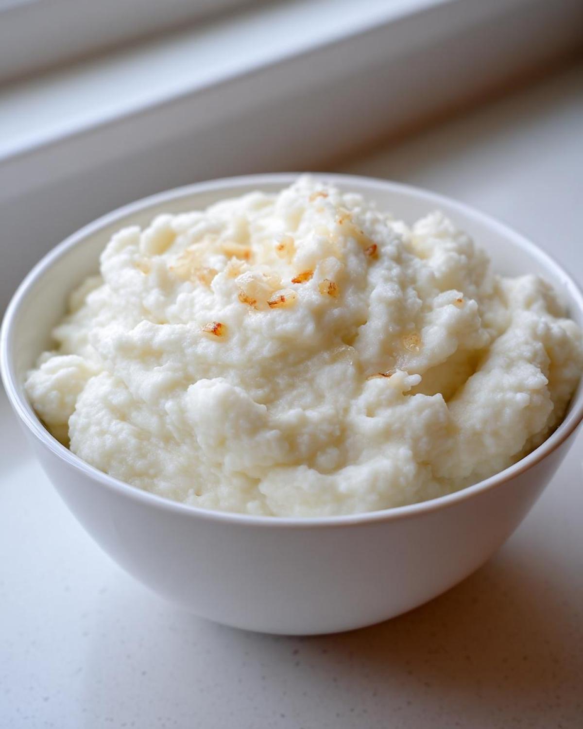 A white bowl filled with fluffy Creamy Garlic Mashed Cauliflower, topped with browned garlic bits.