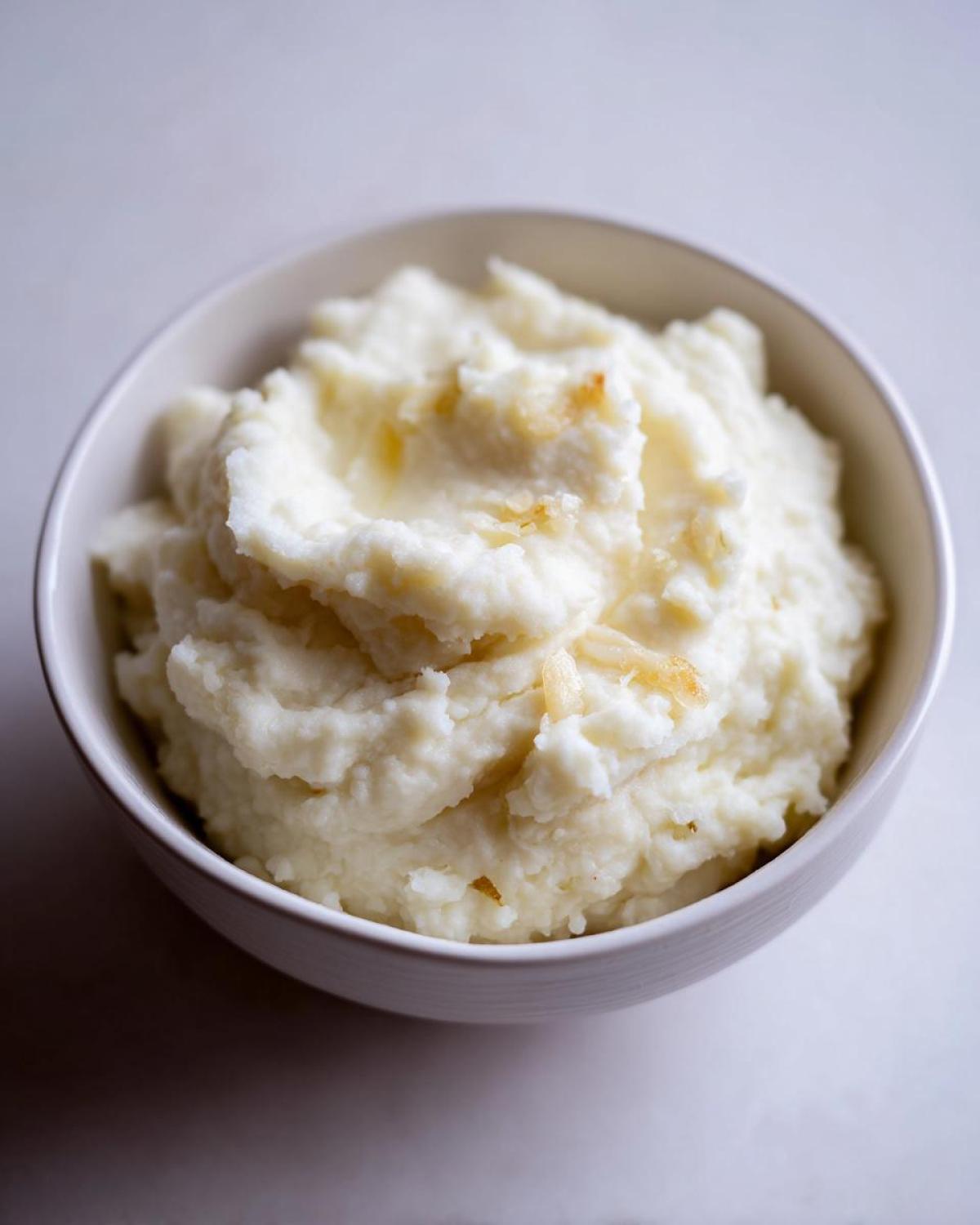 A close-up of a white bowl filled with fluffy Creamy Garlic Mashed Cauliflower, topped with browned garlic pieces.