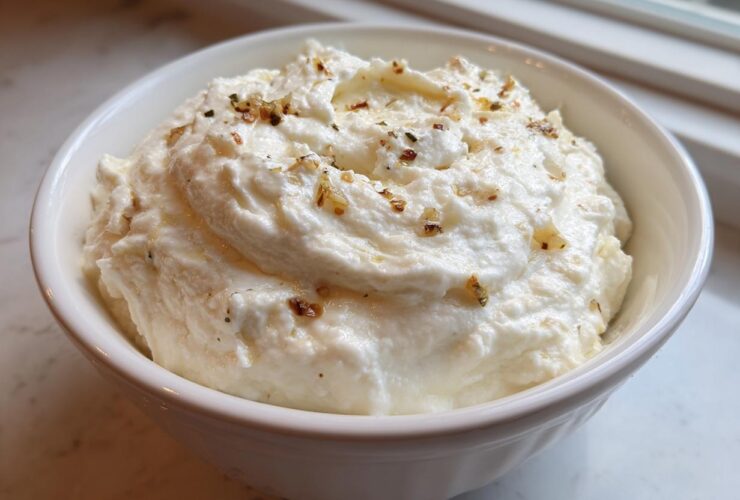 A white bowl filled with fluffy Creamy Garlic Mashed Cauliflower, topped with herbs and browned garlic bits.