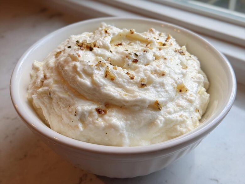 A white bowl filled with fluffy Creamy Garlic Mashed Cauliflower, topped with herbs and browned garlic bits.