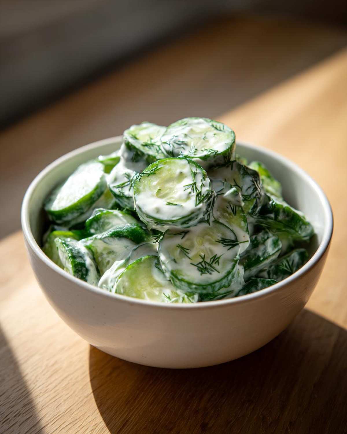 A close-up of sliced cucumbers coated in a creamy white dressing and fresh dill, served in a white bowl, representing Creamy German Cucumber Salad.