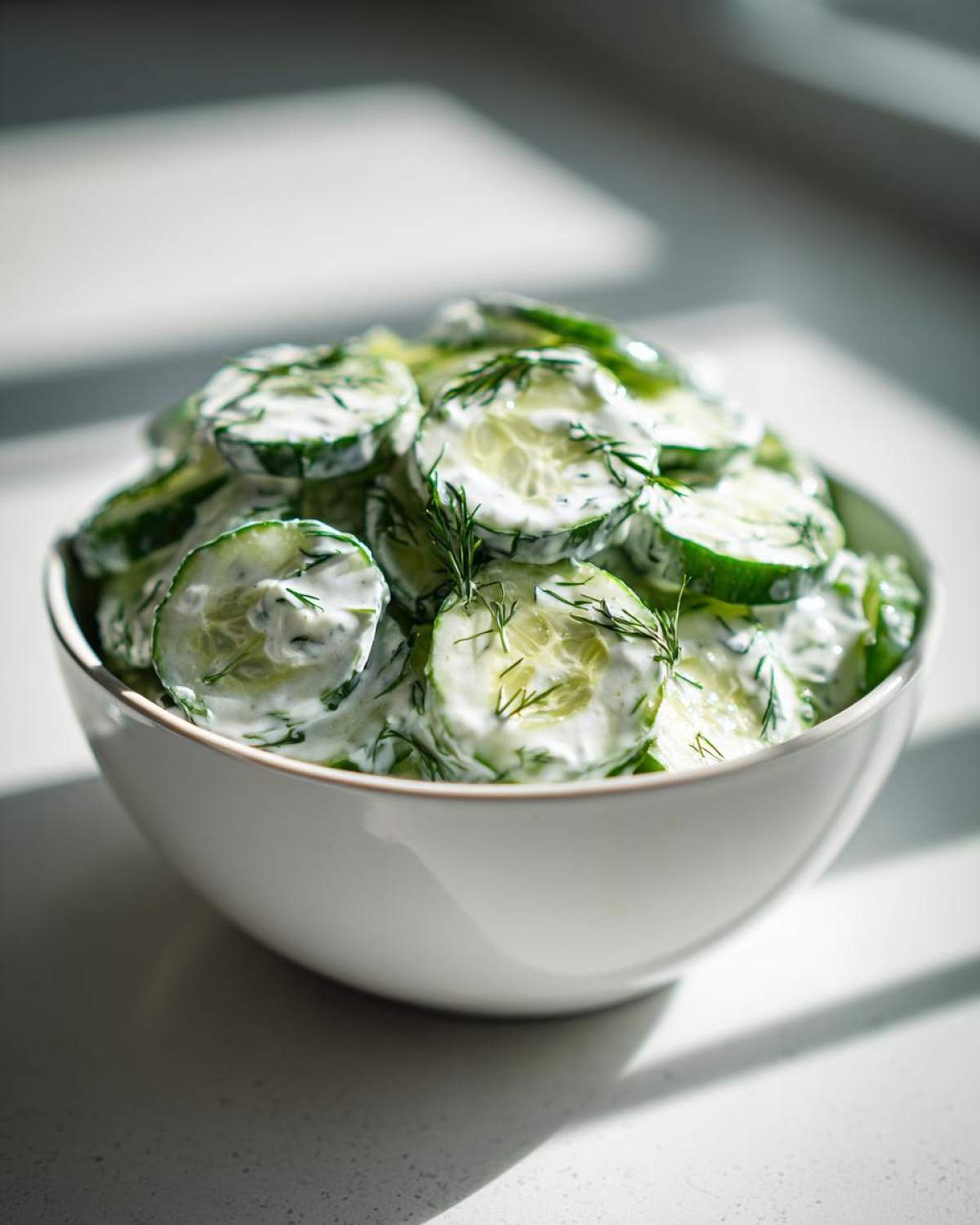 A white bowl filled with slices of Creamy German Cucumber Salad mixed with a white dressing and fresh dill.