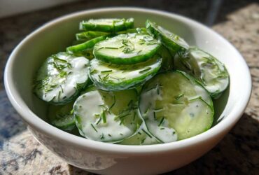 Close-up of a white bowl filled with slices of Creamy German Cucumber Salad tossed in a white dressing and topped with fresh dill.