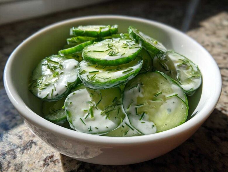 Close-up of a white bowl filled with slices of Creamy German Cucumber Salad tossed in a white dressing and topped with fresh dill.