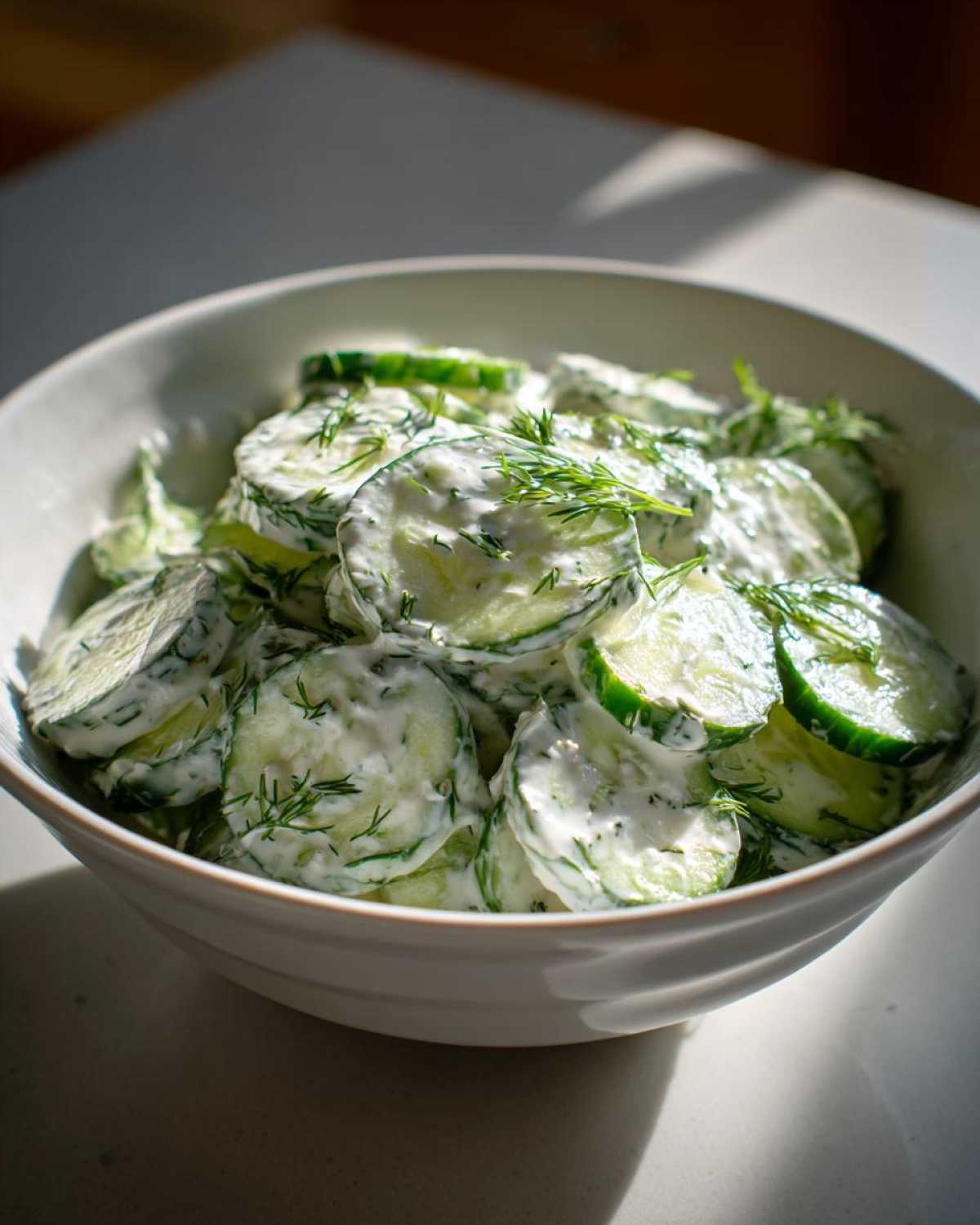 Close-up of sliced cucumbers coated in a creamy dressing and fresh dill, representing Creamy German Cucumber Salad.