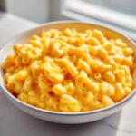 A close-up of creamy, cheesy Instant Pot Mac and Cheese served in a white bowl, glistening under natural light.