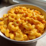 A close-up of creamy, bright orange Instant Pot Mac and Cheese served in a white bowl.