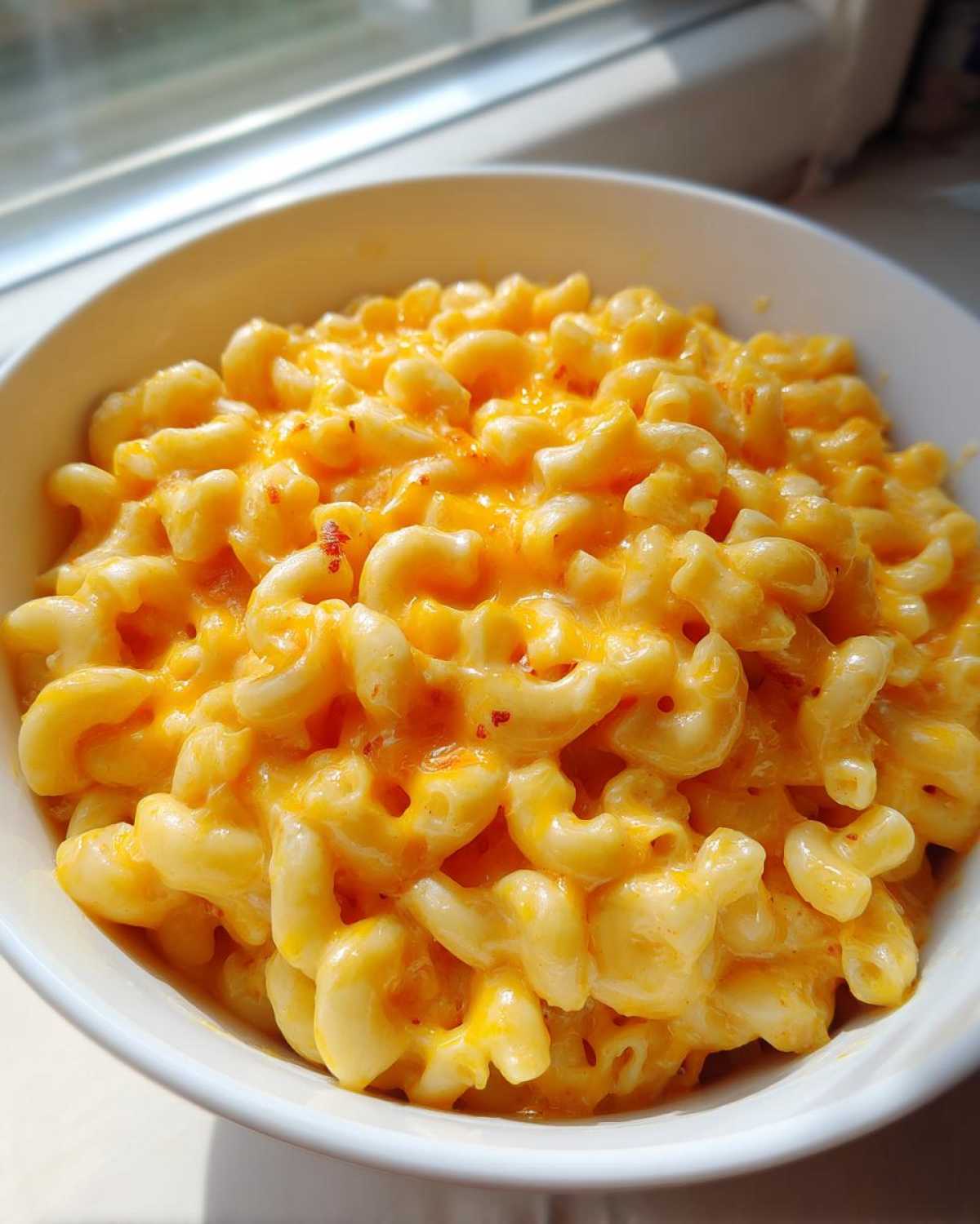 Close-up of creamy, cheesy Instant Pot Mac and Cheese served in a white bowl near a window.