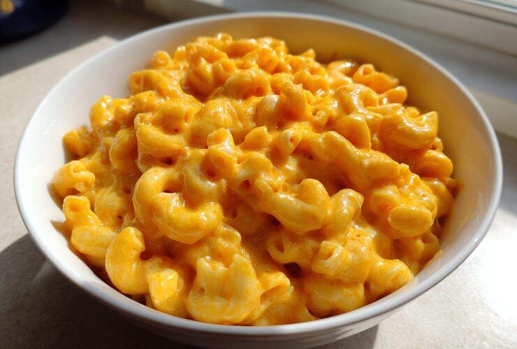 A close-up of creamy, bright orange Instant Pot Mac and Cheese served in a white bowl.
