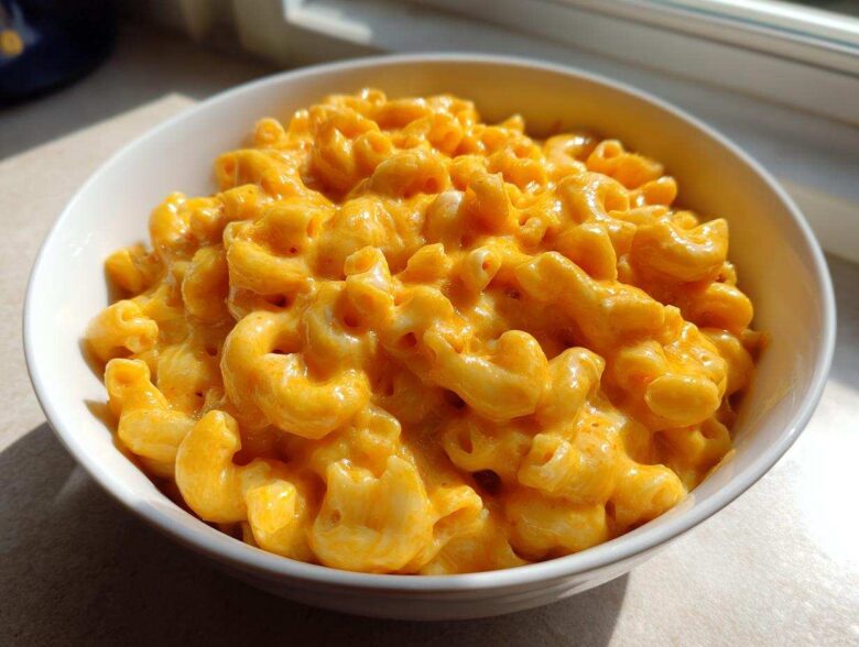 A close-up of creamy, bright orange Instant Pot Mac and Cheese served in a white bowl.