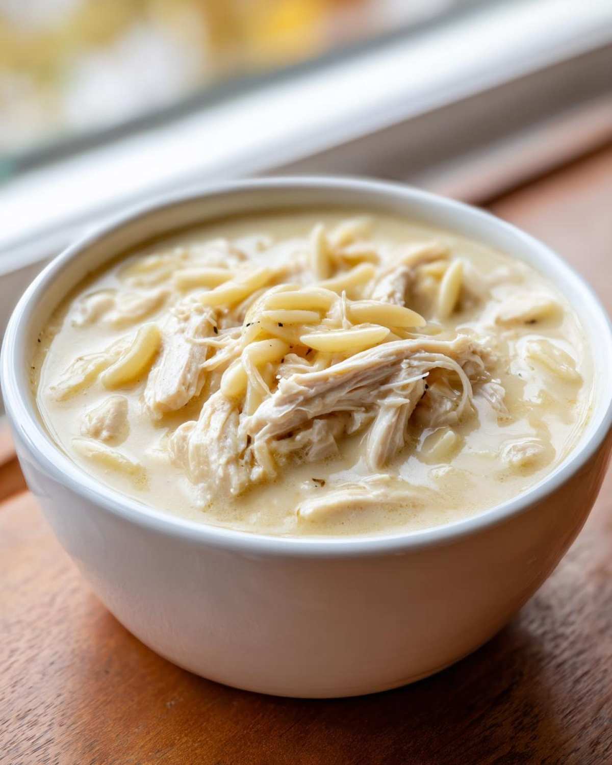Close-up of a white bowl filled with rich Creamy Lemon Chicken Orzo Soup, featuring shredded chicken and orzo pasta.