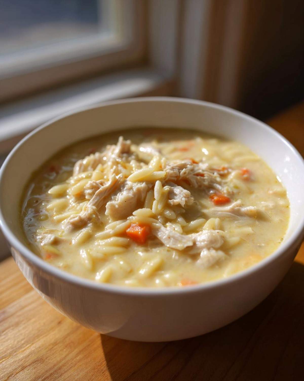 A close-up of a white bowl filled with Creamy Lemon Chicken Orzo Soup, featuring shredded chicken and carrots.