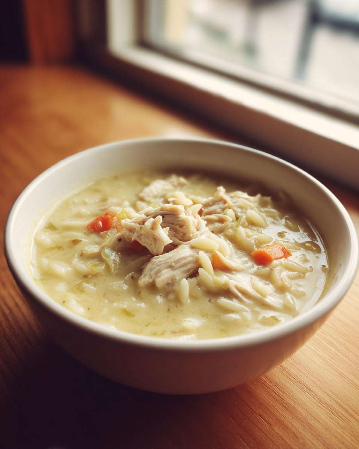 A close-up of a white bowl filled with creamy lemon chicken orzo soup, topped with shredded chicken and carrots.