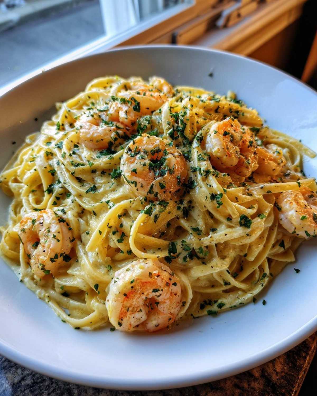 Close-up of a white bowl filled with Creamy Lemon Garlic Shrimp Pasta, topped with plump shrimp and fresh parsley.