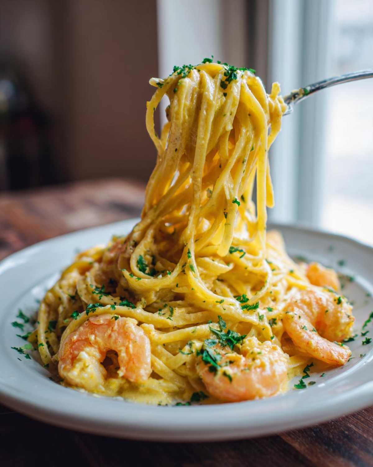 A fork lifting a generous portion of creamy lemon garlic shrimp pasta, showing coated linguine and large shrimp.