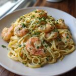 A plate piled high with Creamy Lemon Garlic Shrimp Pasta, topped with pink shrimp and fresh parsley.