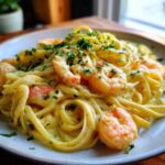 A close-up of Creamy Lemon Garlic Shrimp Pasta tossed in a rich sauce and garnished with parsley.
