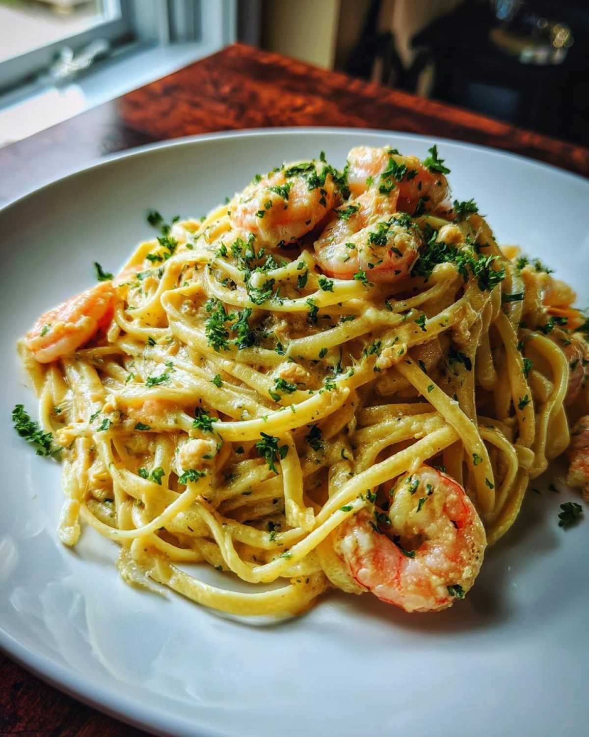 Close-up of delicious Creamy Lemon Garlic Shrimp Pasta topped with fresh parsley.