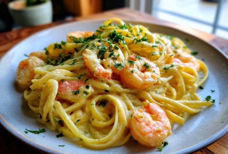 A close-up of Creamy Lemon Garlic Shrimp Pasta tossed in a rich sauce and garnished with parsley.