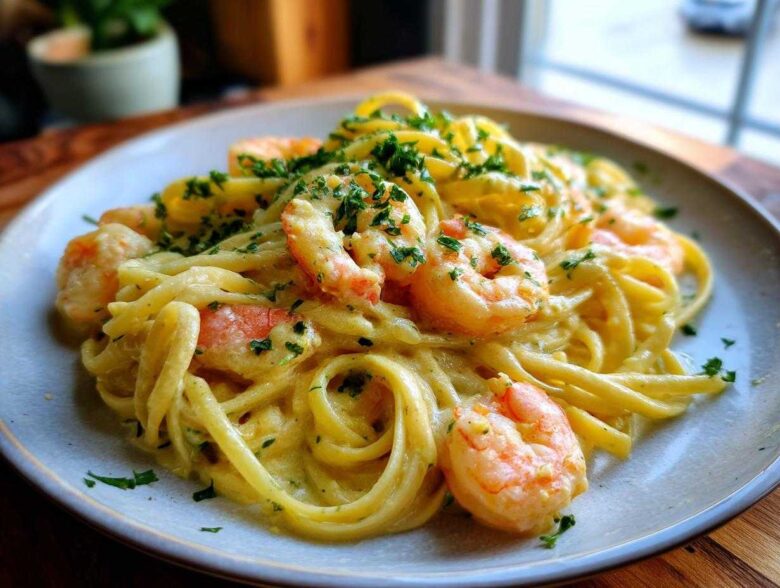A close-up of Creamy Lemon Garlic Shrimp Pasta tossed in a rich sauce and garnished with parsley.