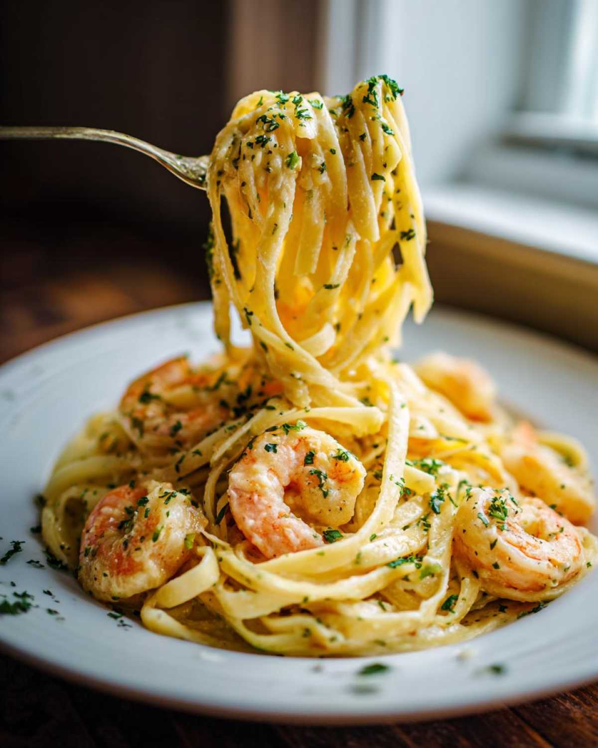 A fork lifts a twirl of fettuccine from a plate of Creamy Lemon Garlic Shrimp Pasta, garnished with parsley.