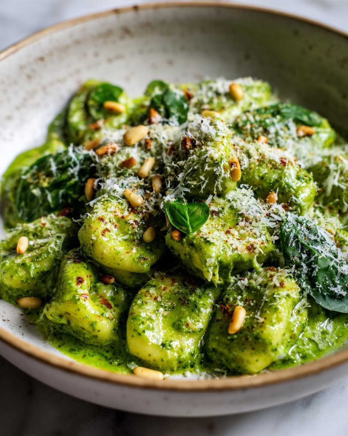 A close-up shot of tender gnocchi coated in bright green creamy pesto sauce, topped with grated cheese and pine nuts.