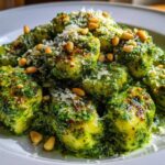 Close-up of fluffy gnocchi coated in vibrant green sauce, topped with grated cheese and pine nuts, representing Creamy Pesto Gnocchi.