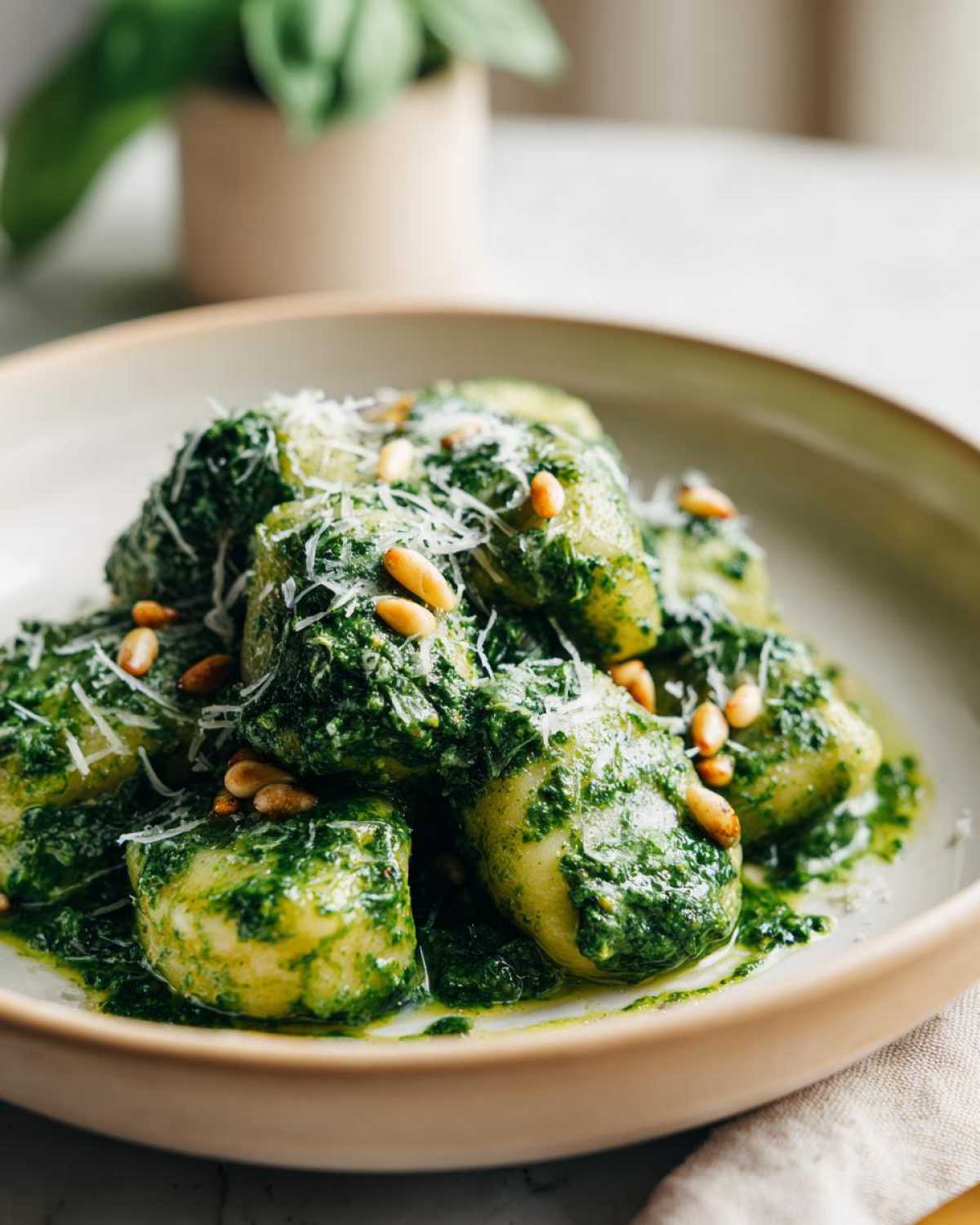 A close-up shot of soft gnocchi generously coated in vibrant green, creamy pesto, topped with grated Parmesan and toasted pine nuts.