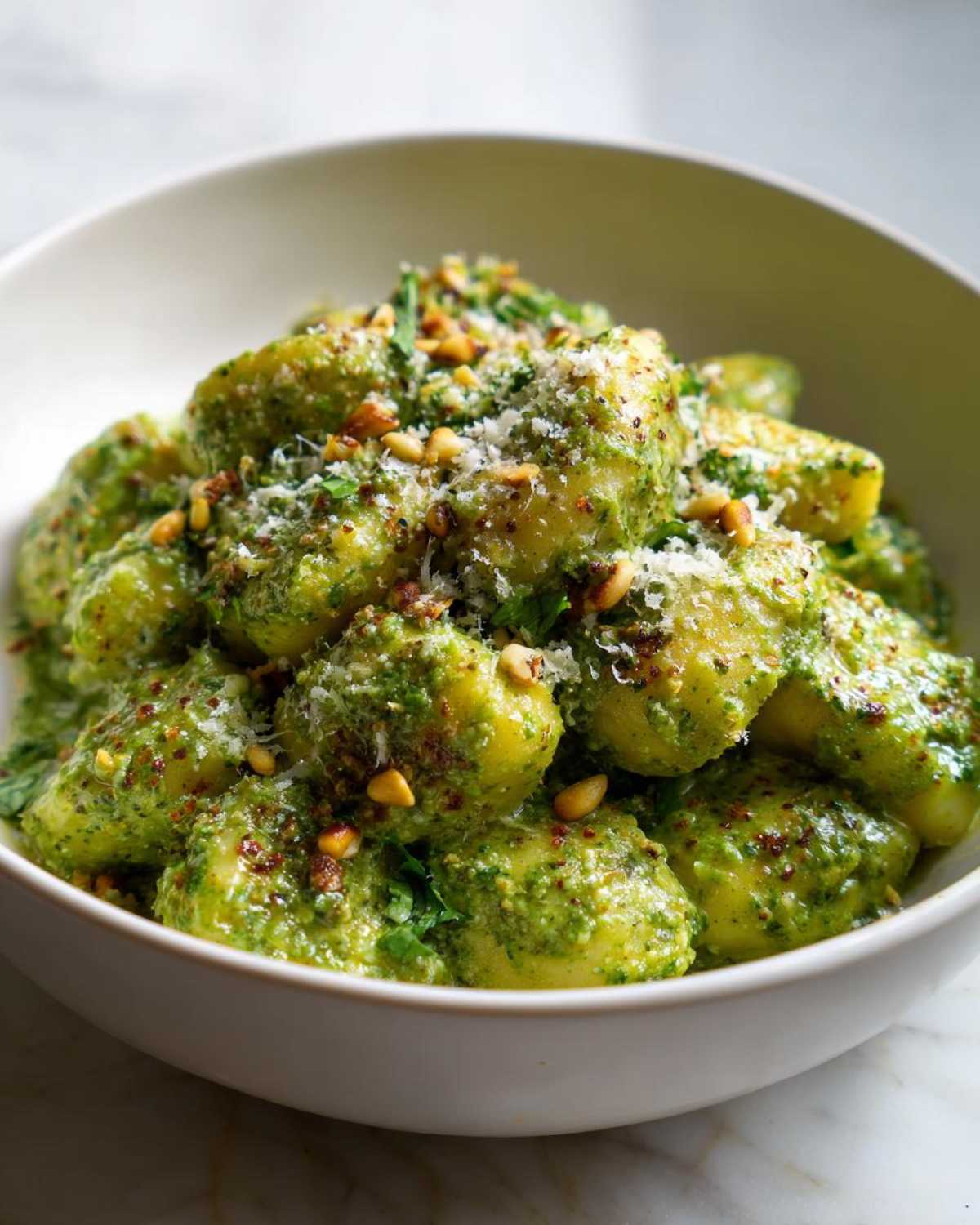 A close-up shot of tender gnocchi coated in vibrant green creamy pesto sauce, topped with pine nuts and grated Parmesan cheese, served in a white bowl.