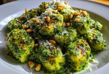 Close-up of fluffy gnocchi coated in vibrant green sauce, topped with grated cheese and pine nuts, representing Creamy Pesto Gnocchi.