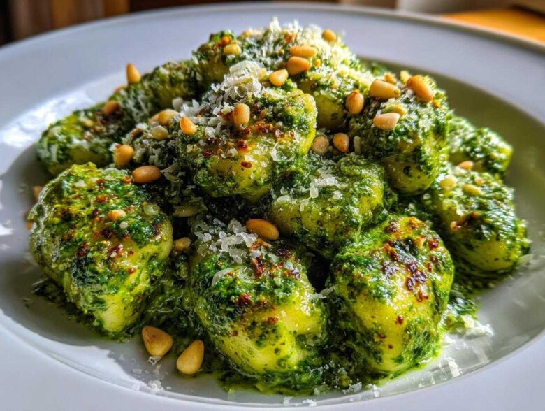 Close-up of fluffy gnocchi coated in vibrant green sauce, topped with grated cheese and pine nuts, representing Creamy Pesto Gnocchi.