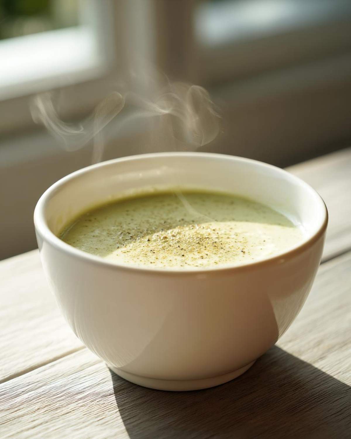 A white bowl filled with hot, creamy potato leek soup, topped with pepper, steaming gently.