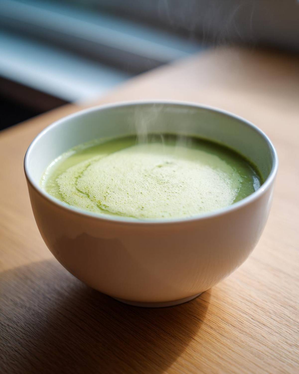 A steaming white bowl filled with bright green, creamy potato leek soup, sitting on a wooden table.