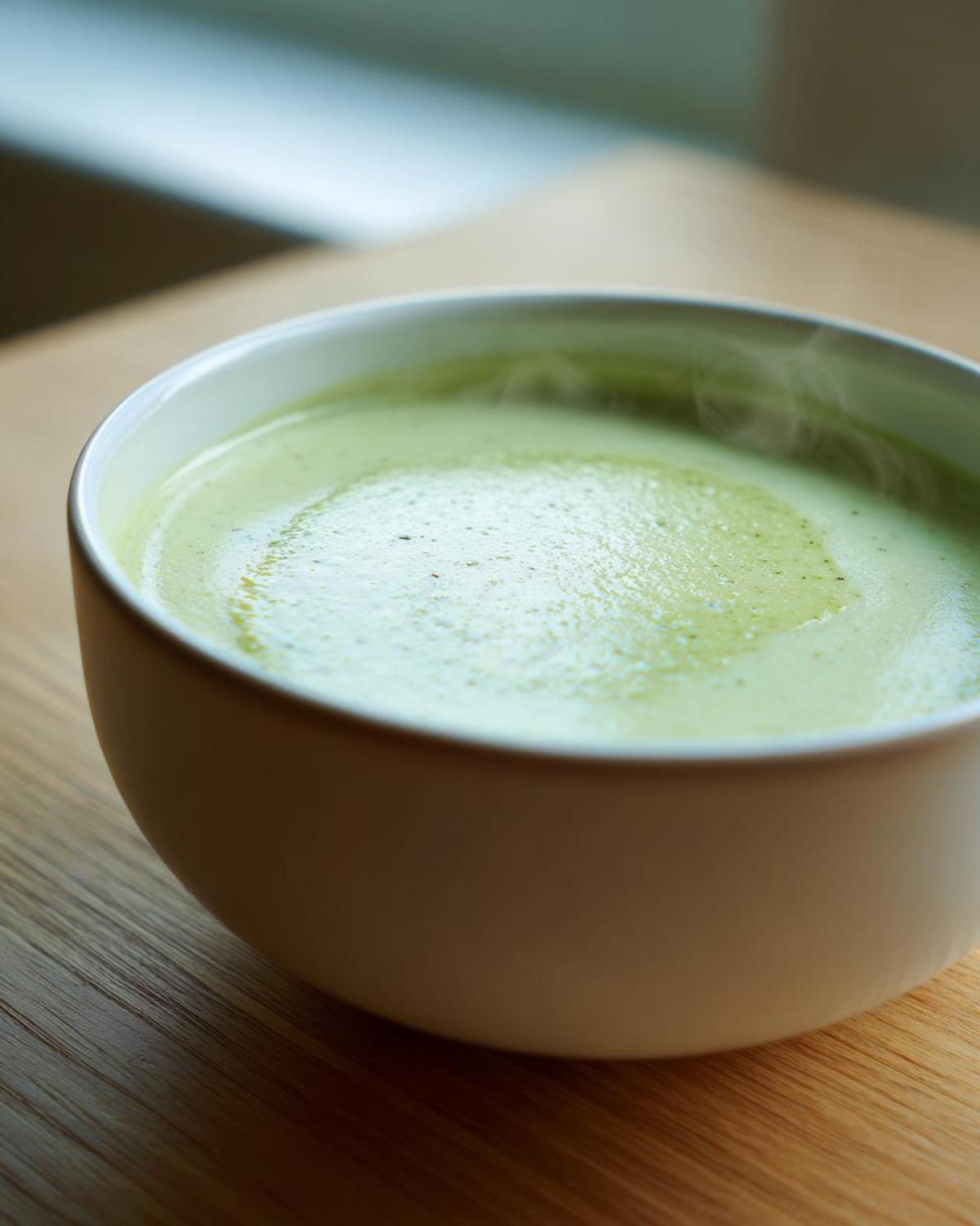 Close-up of a steaming white bowl filled with smooth, light green Creamy Potato Leek Soup.