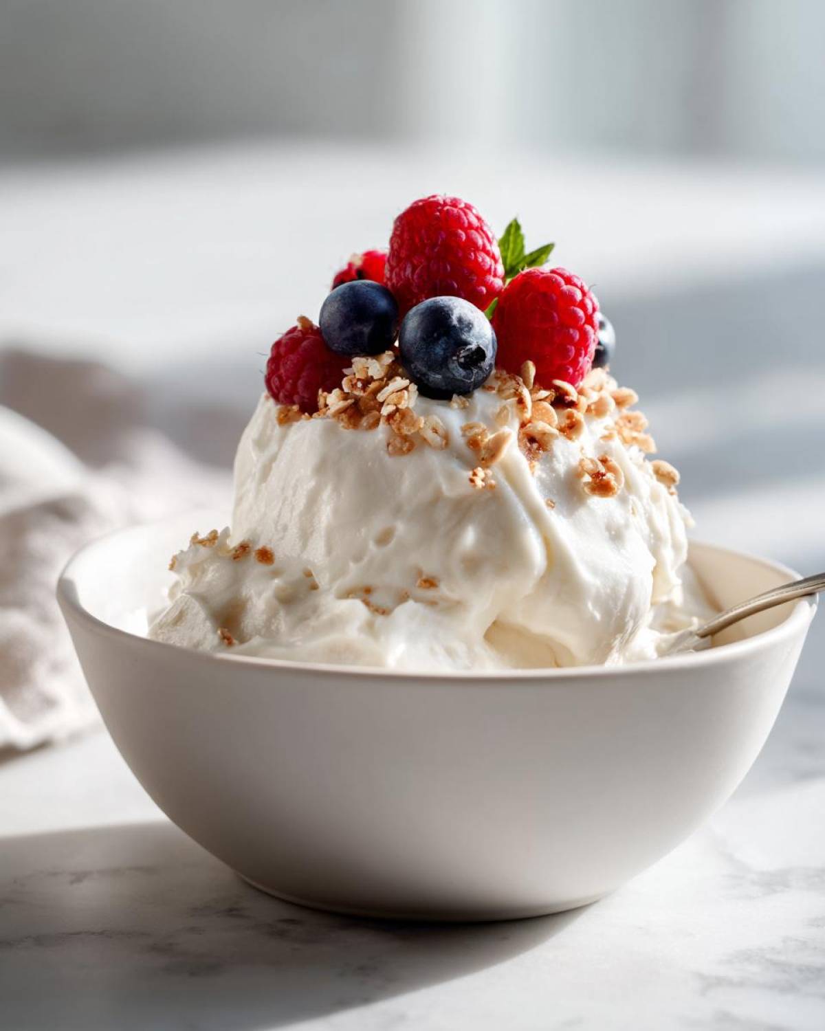 A scoop of Creamy Vanilla Protein Smoothie Bowl topped with fresh raspberries, blueberries, and granola.