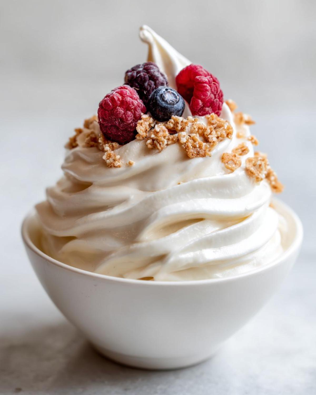 Close-up of a swirled Creamy Vanilla Protein Smoothie Bowl topped with fresh raspberries, a blueberry, and granola.