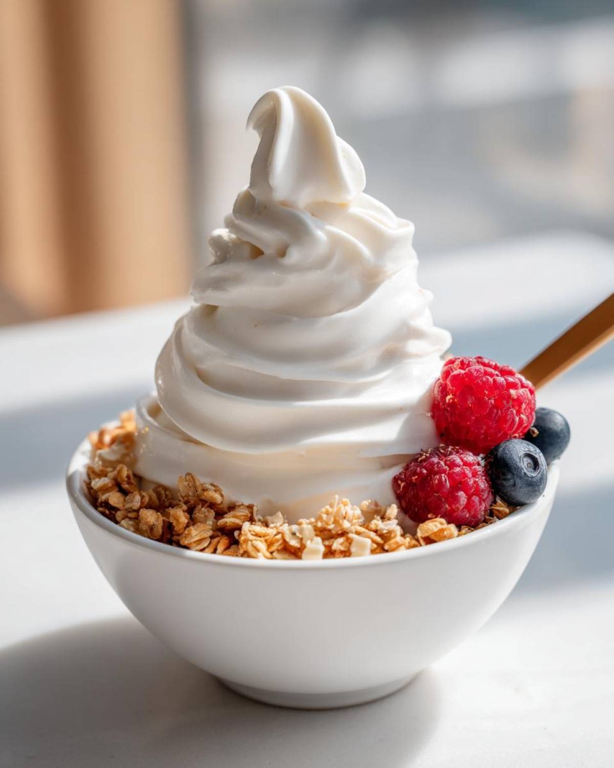 A white bowl holding a swirl of Creamy Vanilla Protein Smoothie Bowl, topped with granola, raspberries, and blueberries.