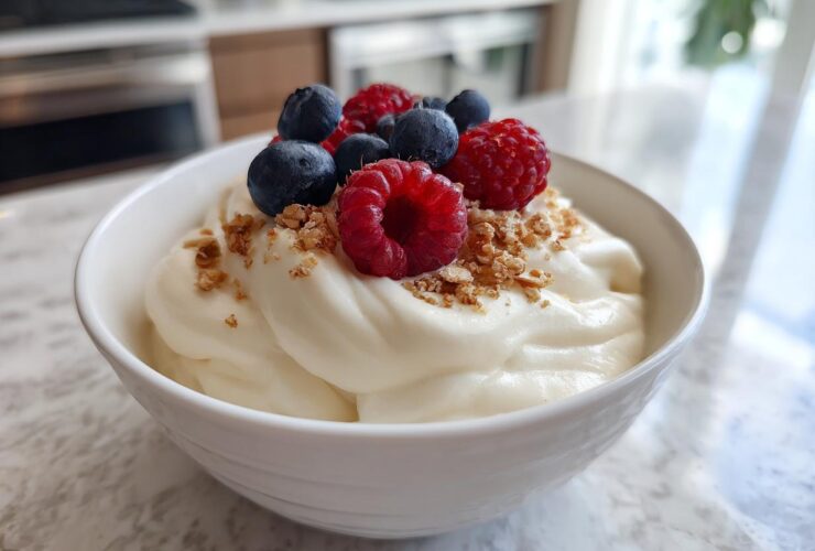 A thick, creamy vanilla protein smoothie bowl topped with fresh raspberries, blueberries, and granola.