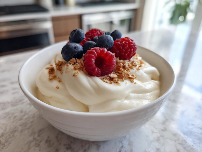 A thick, creamy vanilla protein smoothie bowl topped with fresh raspberries, blueberries, and granola.