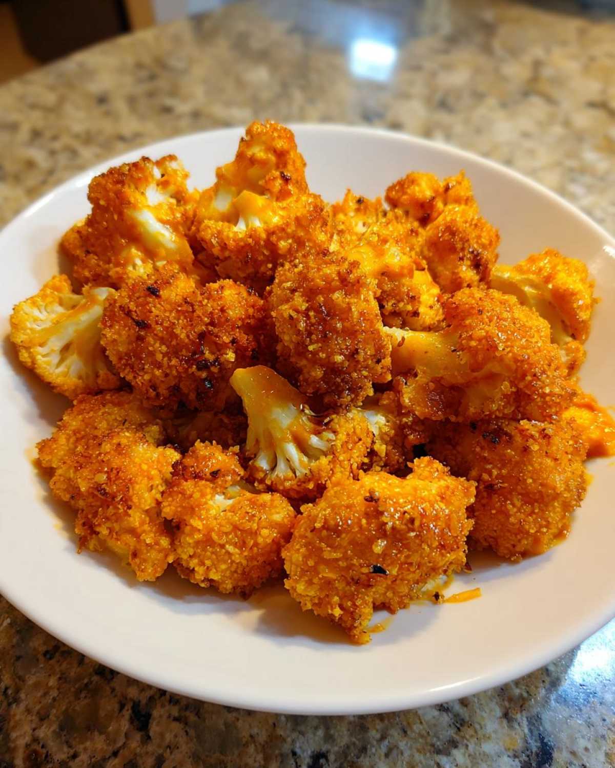 A white bowl filled with golden-orange, crispy air fryer cauliflower wings.