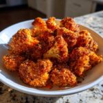 A bowl filled with perfectly cooked, crispy air fryer cauliflower wings coated in a reddish-orange seasoning.