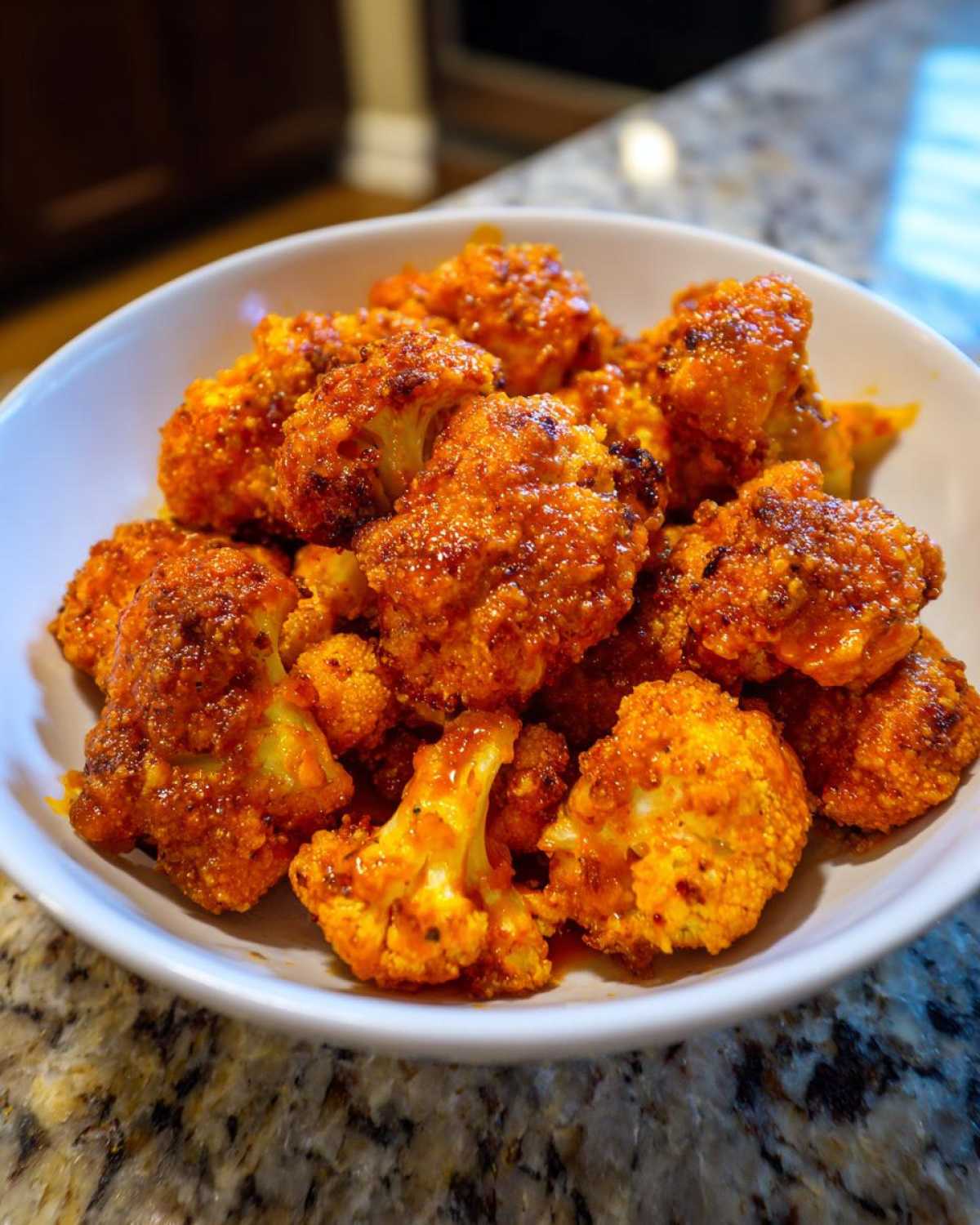A white bowl filled with vibrant orange, crispy air fryer cauliflower wings resting on a granite countertop.