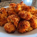 A close-up of golden-brown, crispy air fryer cauliflower wings coated in a spicy breading, served on a white plate.